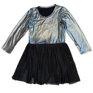 ❤️ METALLIC Little girls long sleeve tulle Shimmering Silver and Black Dress 4